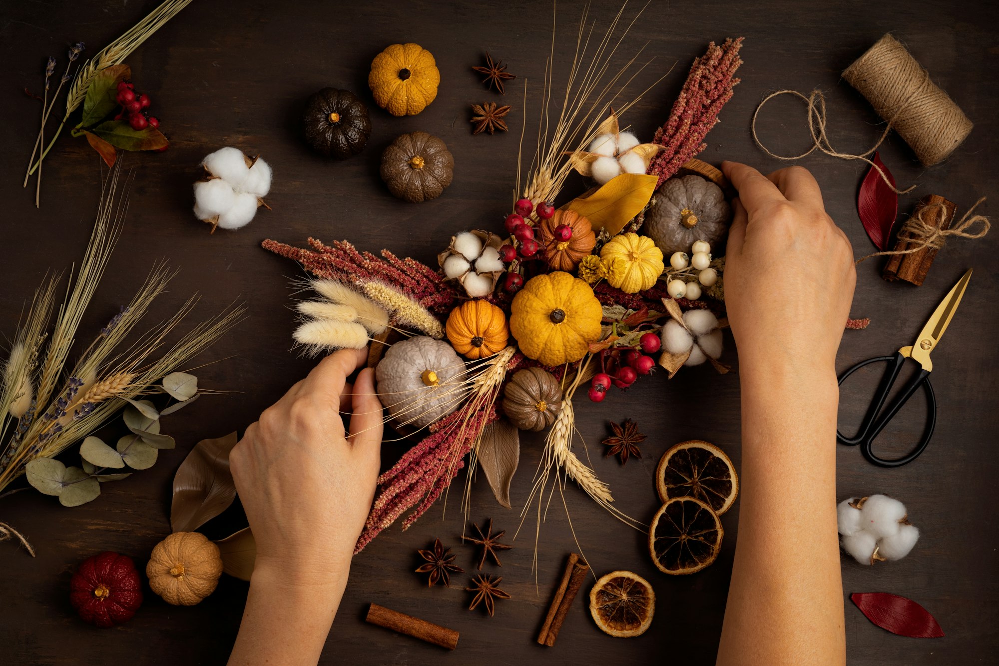 Diy rustic autumn table decoration. Floral interior decor for fall holidays