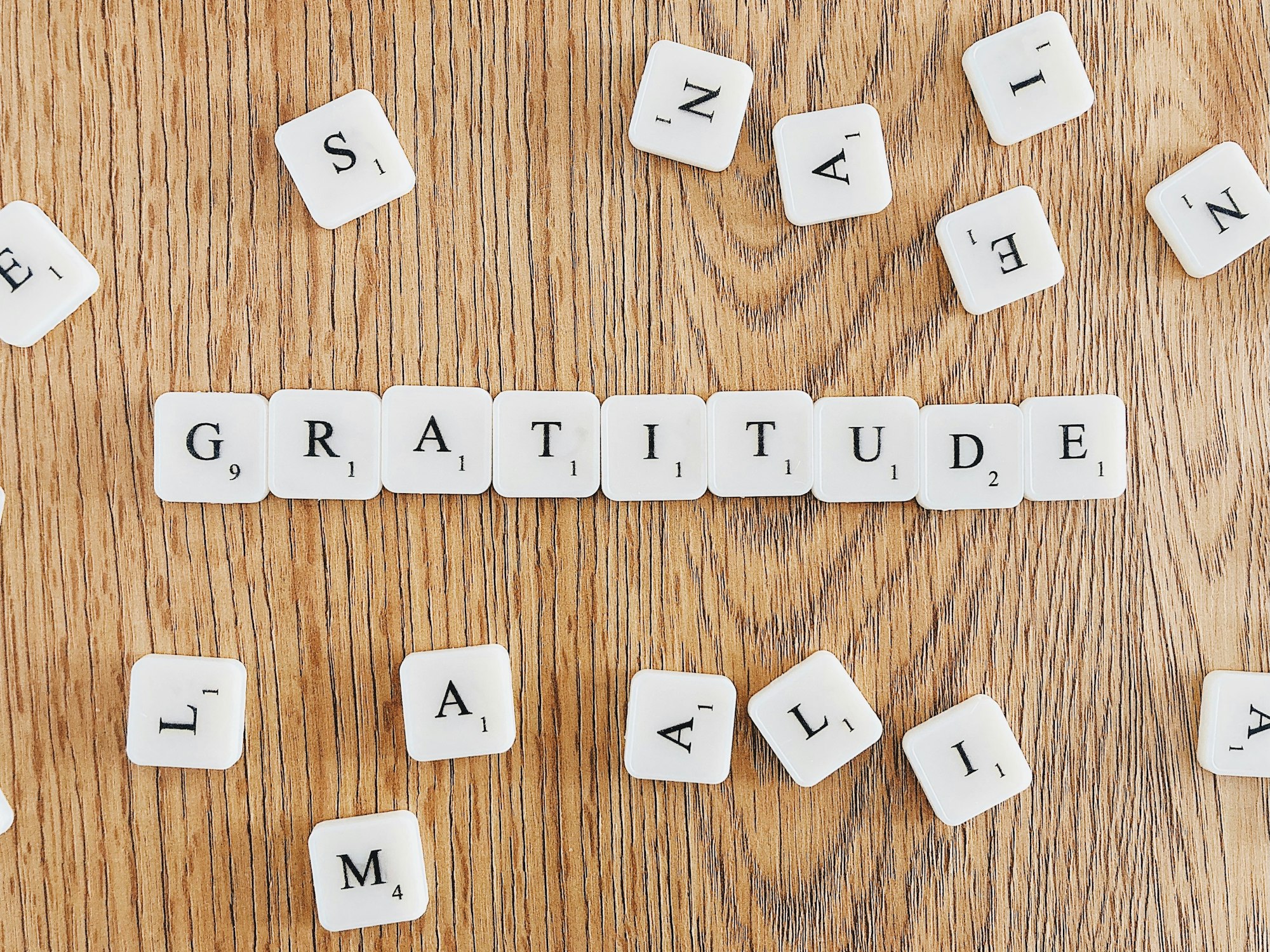 “Gratitude” written with scrabble tiles